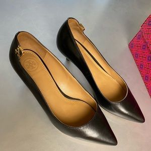 Tory Burch Black Kitten Heels with Gold logo
